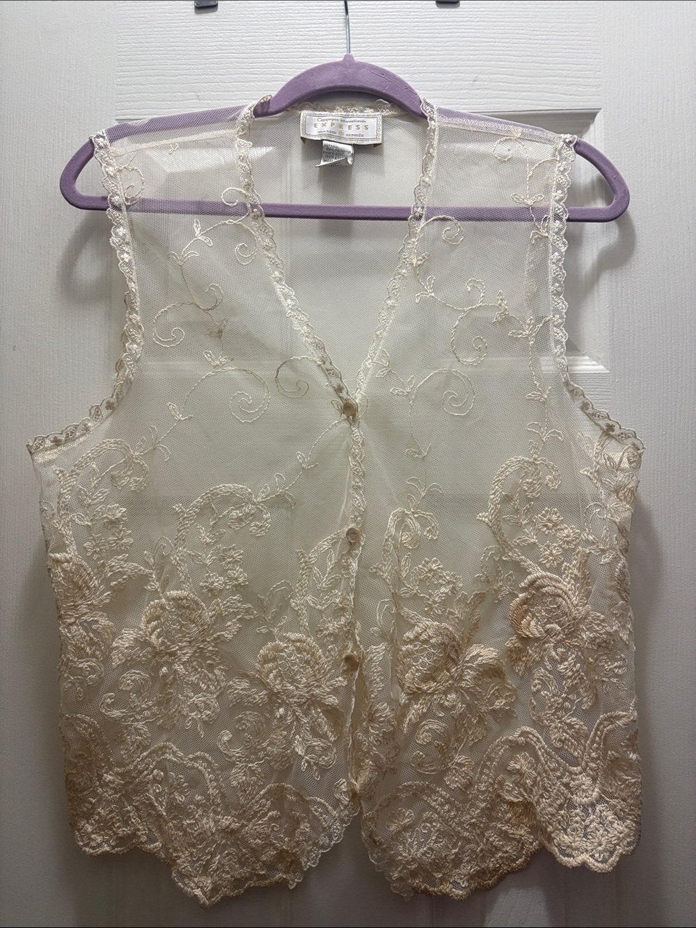Vintage Express Cream Lace Trim Mesh Top